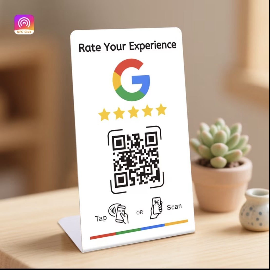 NFC Google review card displayed on a countertop