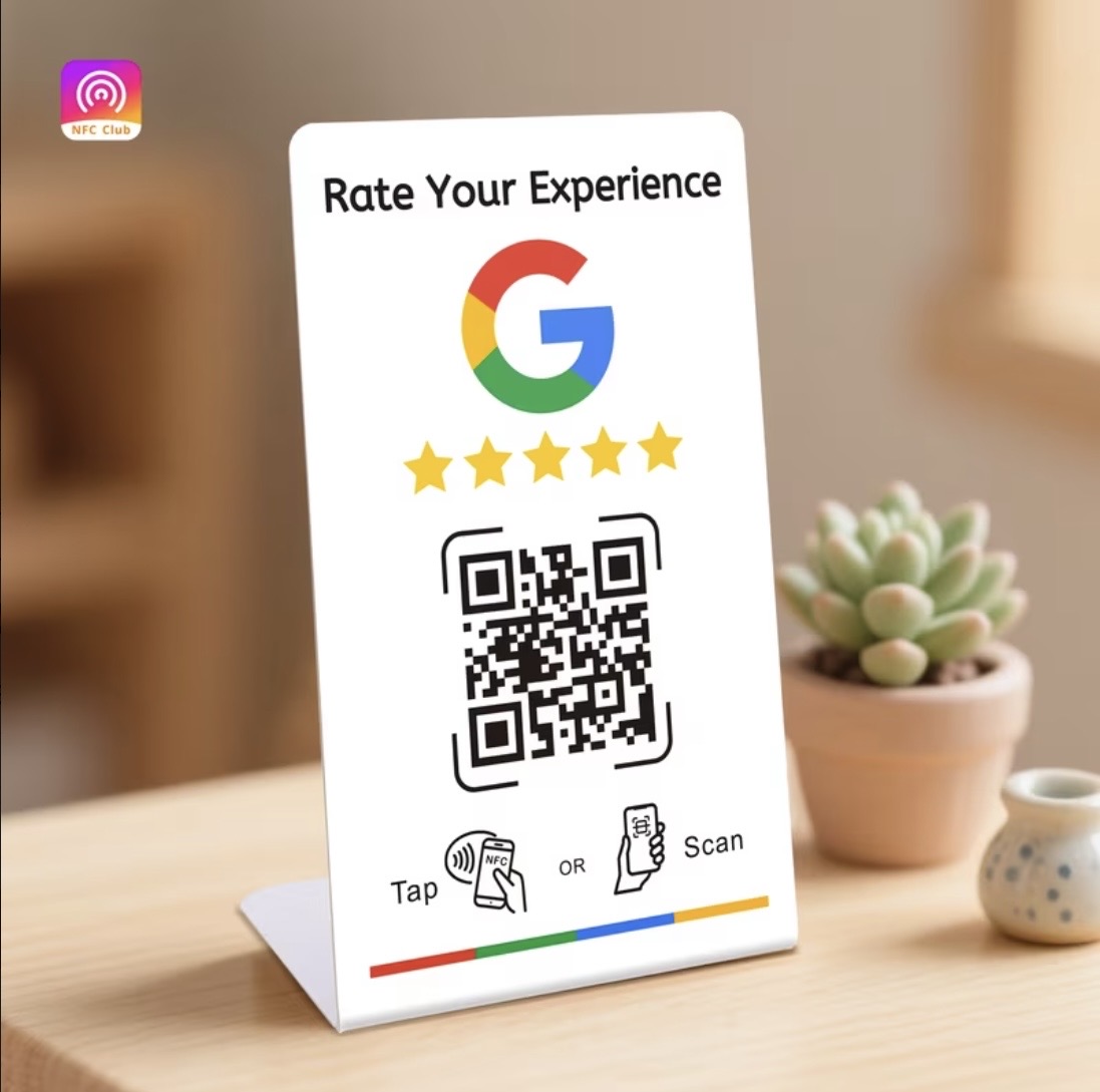 NFC Google review stand on a counter
