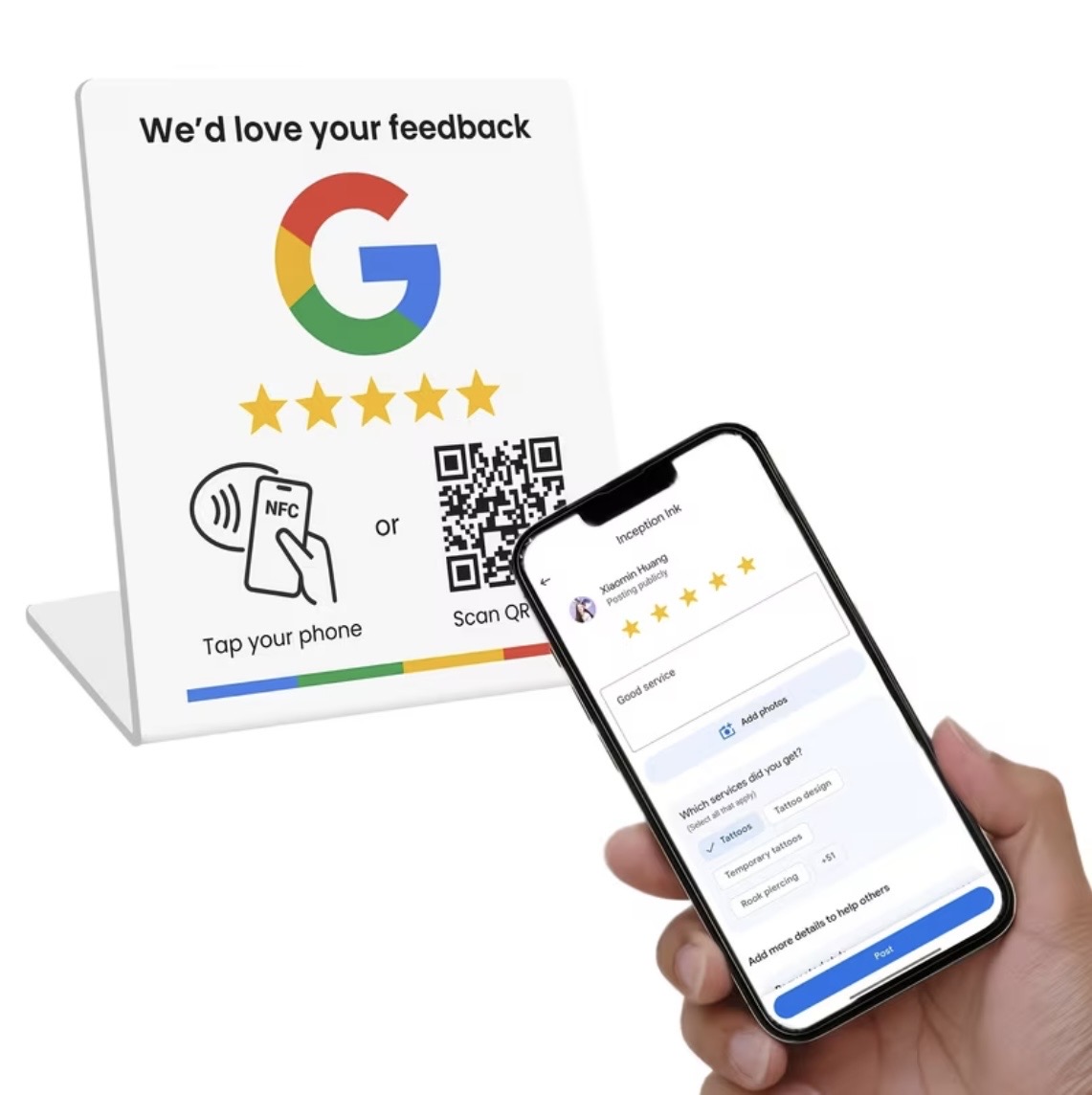 Customer phone displaying a Google review form beside the NFC stand