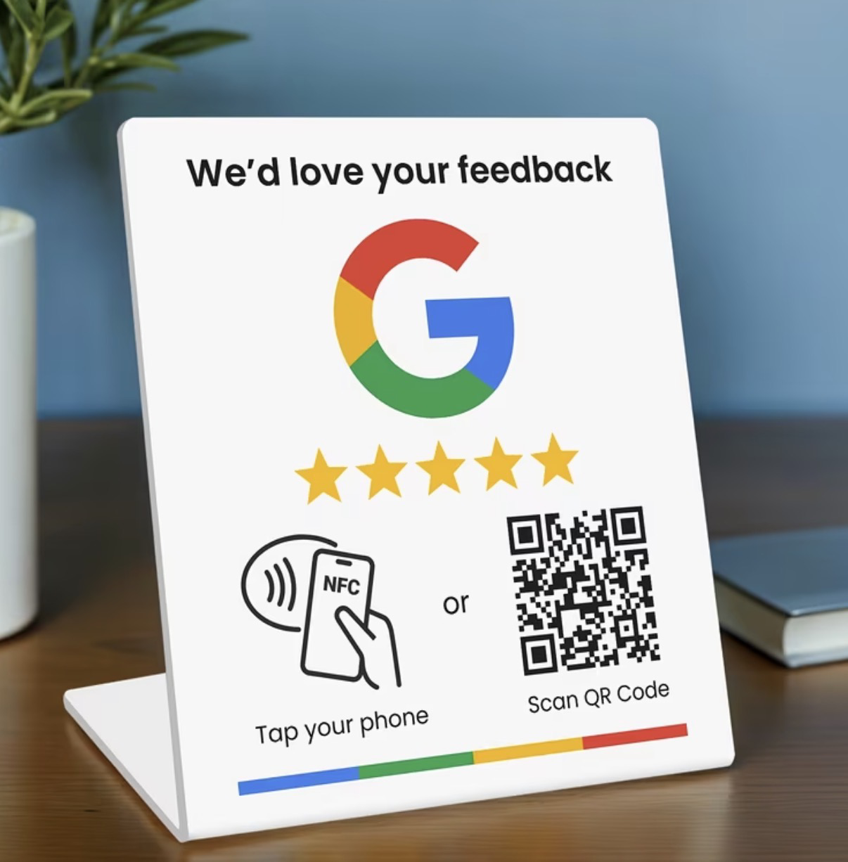 Review card displayed in a professional office setting